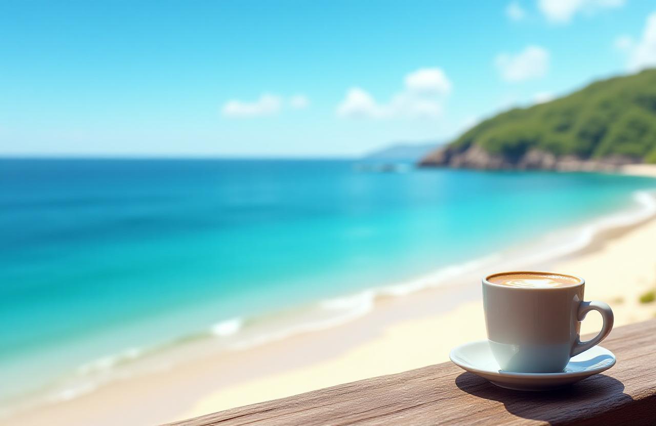沖縄の美しい海岸とコーヒーカップ