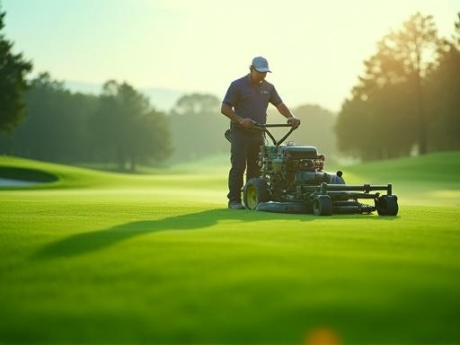 En greenkeeper klipper omhyggeligt en green tidligt om morgenen.