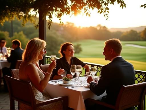 Gæster nyder et måltid på en restaurantterrasse med udsigt over en golfbane.